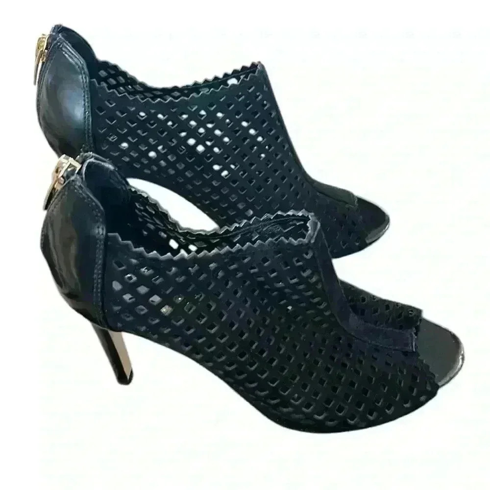 Marc Fisher Peddle Peep Toe Leather Suede Heels  Laser Cut Black Bootie size 6